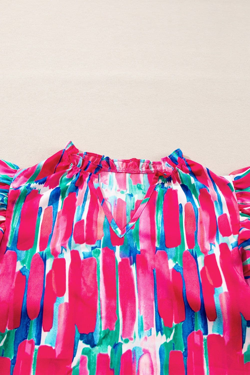 image-Rose Abstract Brush Print Ruffled Sleeve V Neck Blouse