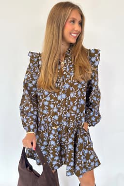image-Brown Floral Print Ruffled Detail Shirt Collar Button Down Long Sleeve Dress