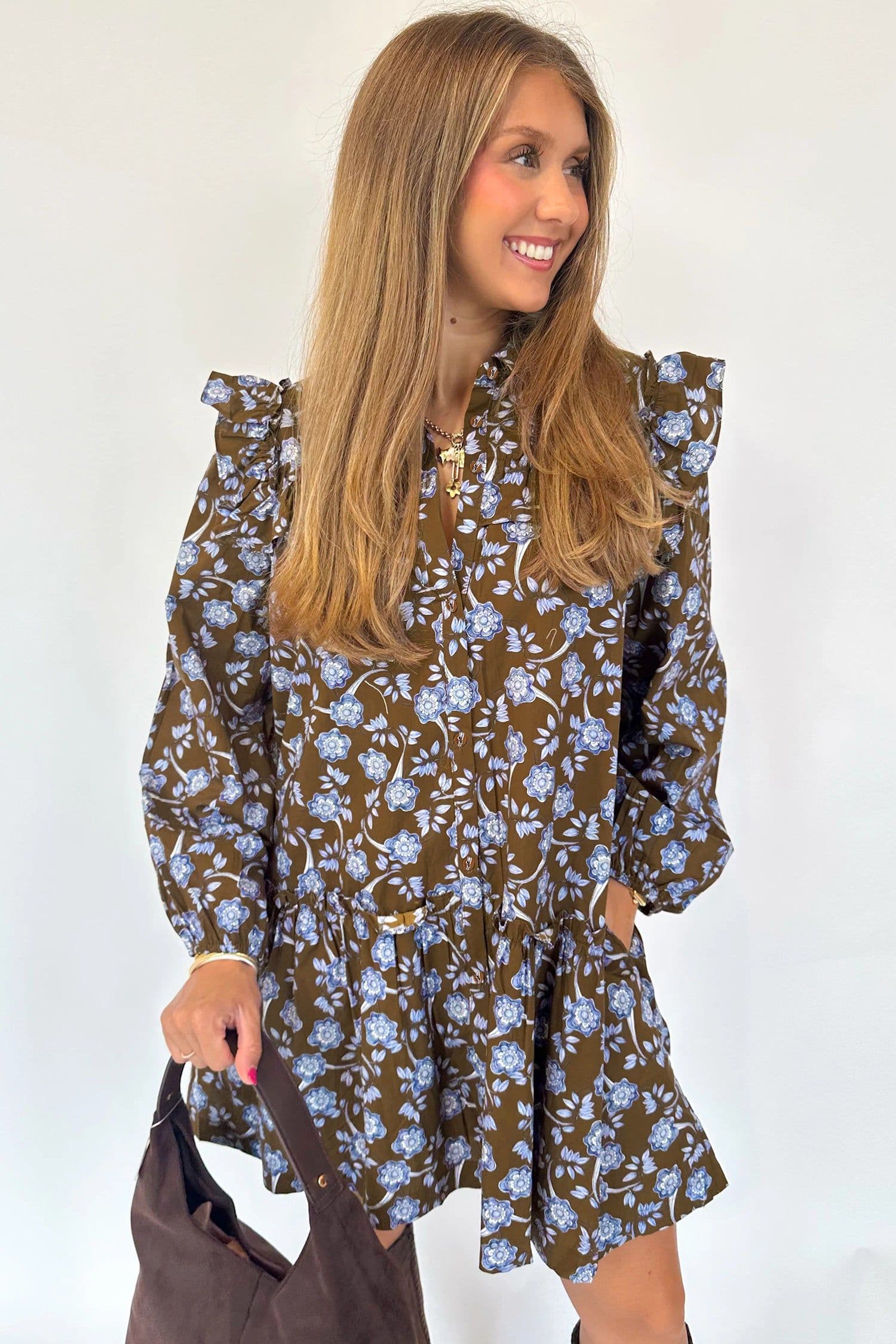 image-Brown Floral Print Ruffled Detail Shirt Collar Button Down Long Sleeve Dress