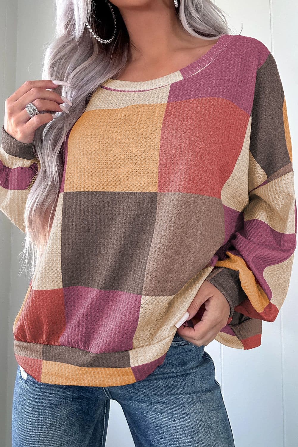 image-Rose Red Checkered Print Textured Knit Long Sleeve Loose Top