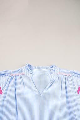 image-Sky Blue Striped Blouse with Ricrac Trim & Ruffled Sleeves