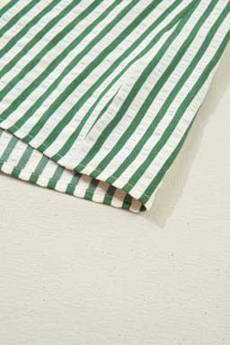 image-Green Stripe Collared Split Neck Bubble Sleeve Blouse
