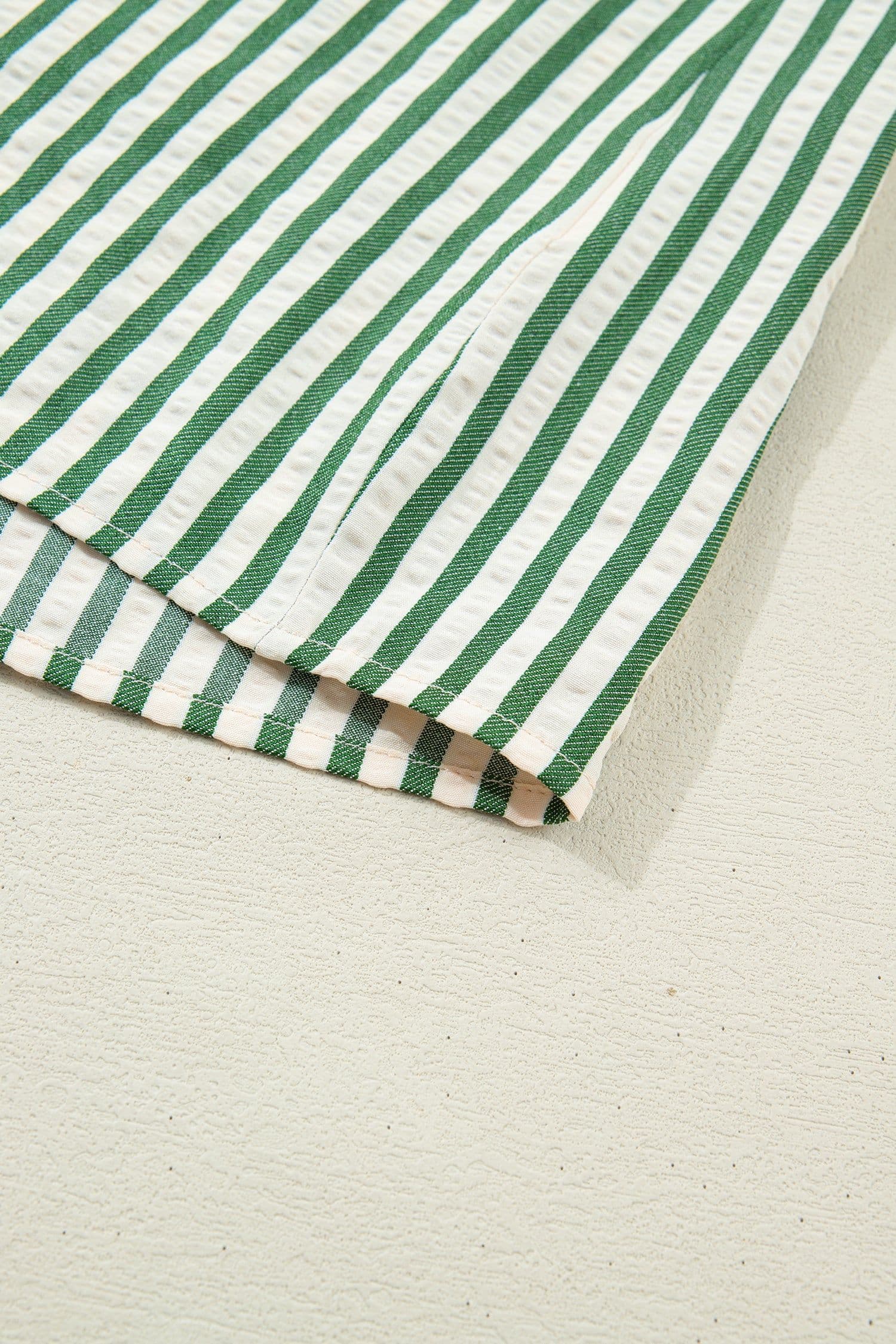 image-Green Stripe Collared Split Neck Bubble Sleeve Blouse