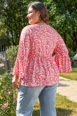 image-Plus Size Floral V Neck Flared Sleeve Blouse - Plus Size Ladies' Fashion