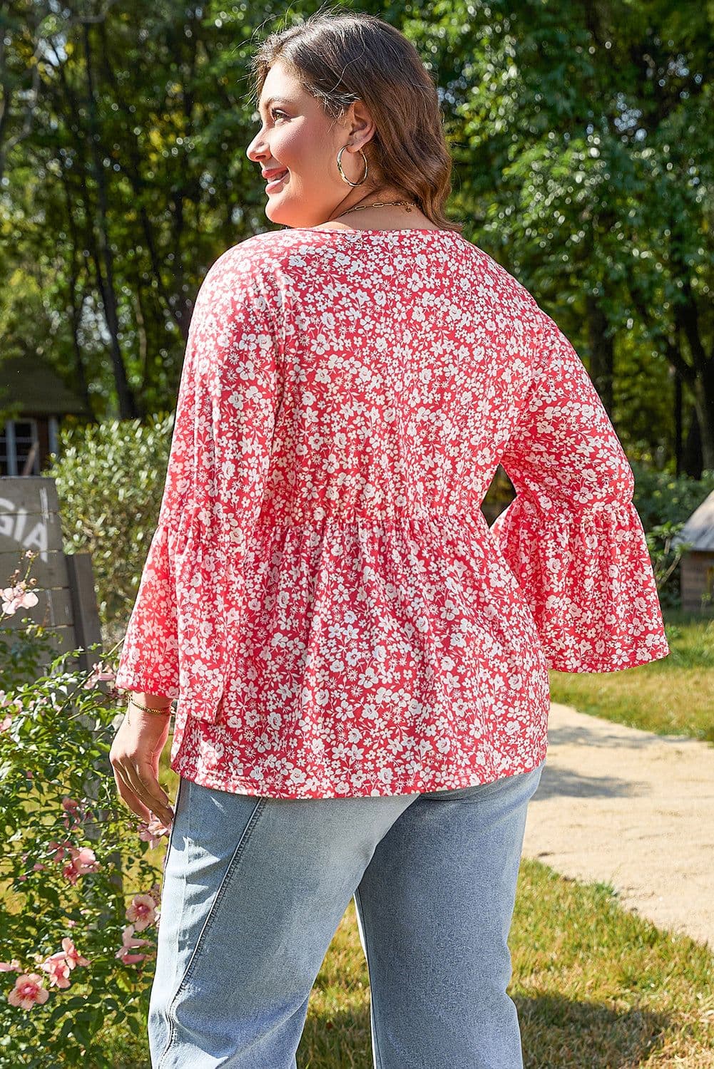 image-Plus Size Floral V Neck Flared Sleeve Blouse - Plus Size Ladies' Fashion
