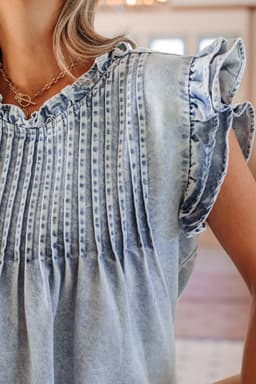 image-Beau Blue Ruffle Pleated Detail Vintage Washed Denim Top