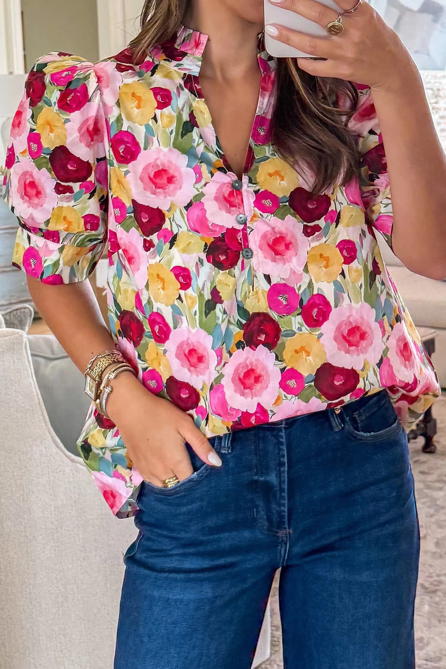 image-Pink Floral Blouse - Frilled V Neck Puff Sleeve