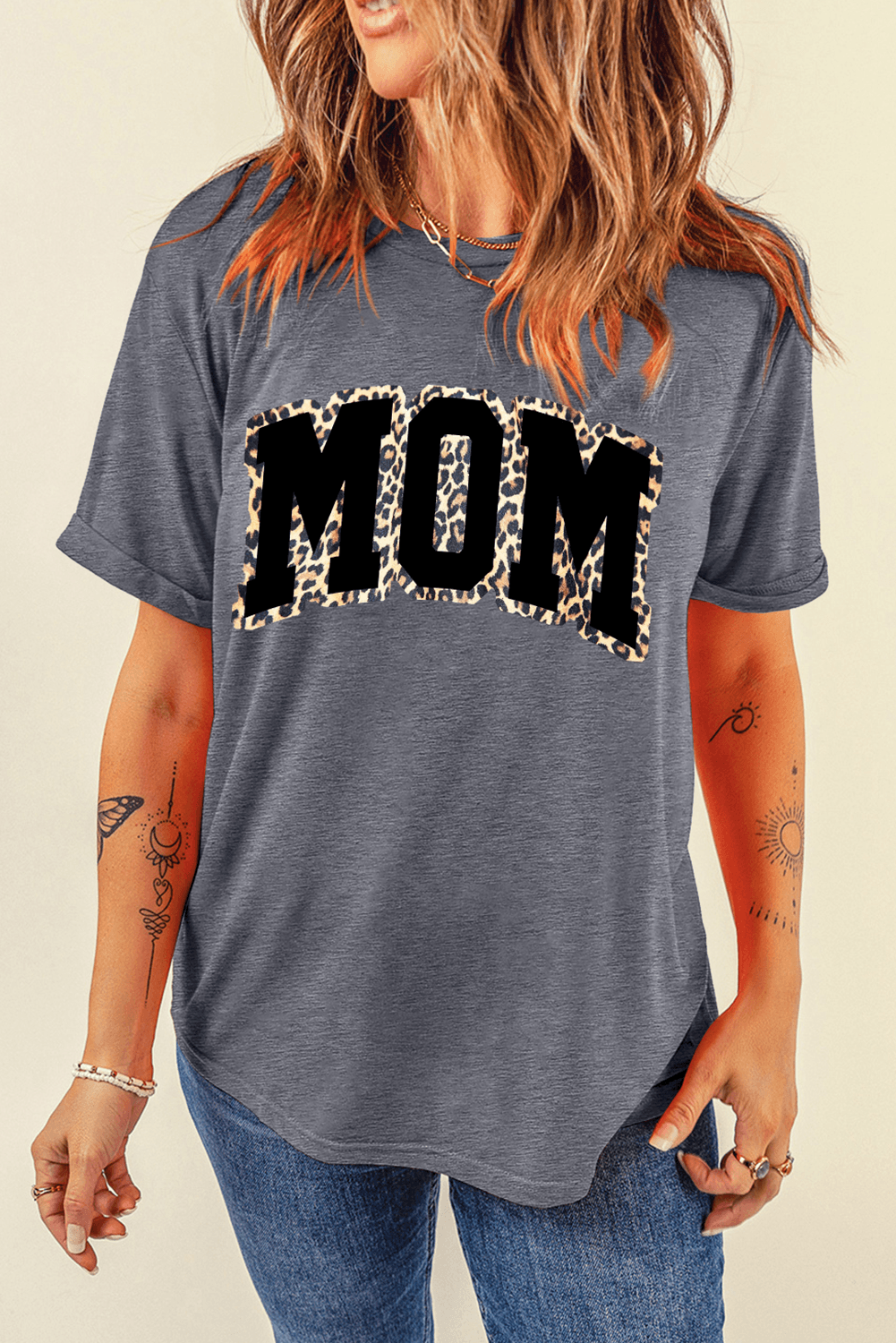 image-Gray Leopard MOM Graphic Crewneck T-Shirt