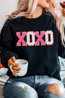 image-Black Chenille XOXO Patched Drop Shoulder Valentines Pullover Sweatshirt