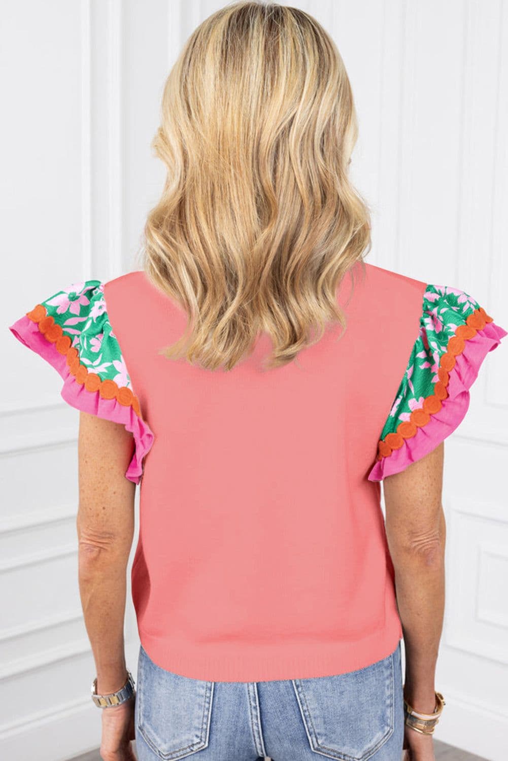 image-Contrast Ricrac Floral Sleeve Top - White (57 characters)