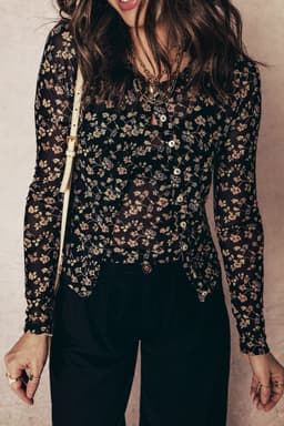 image-Black Floral Print Mesh Tank Button Front Slim Cardigan 2pcs Set