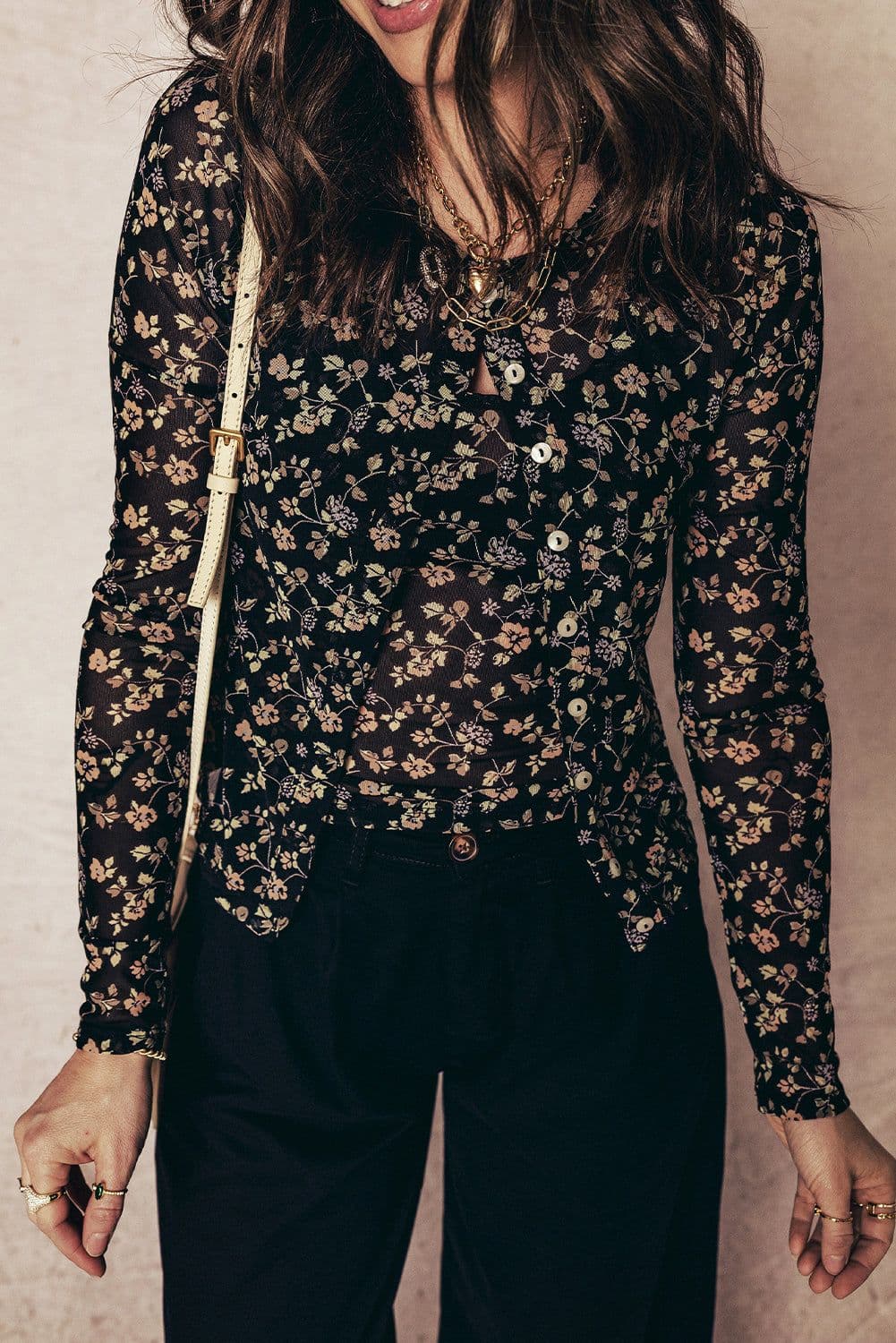 image-Black Floral Print Mesh Tank Button Front Slim Cardigan 2pcs Set