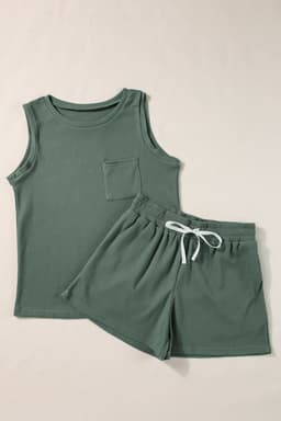 image-Mist Green Waffle Knit Tank & Shorts Set with Patched Pockets & Drawstring