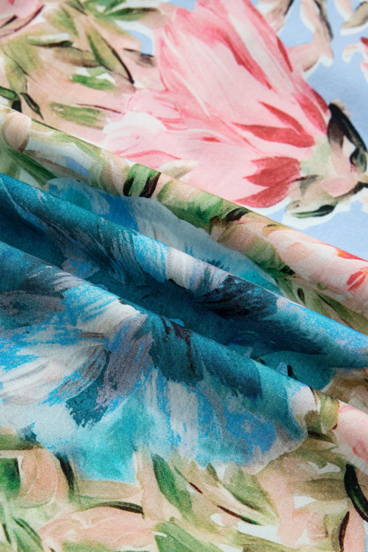 image-Sky Blue Floral Blouse V Neck Cuffed Sleeves