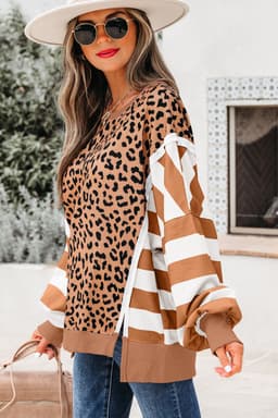 image-Khaki Stripe Leopard Patchwork Sweatshirt with Slits
