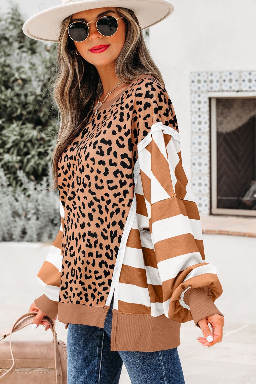 image-Khaki Stripe Leopard Patchwork Sweatshirt with Slits