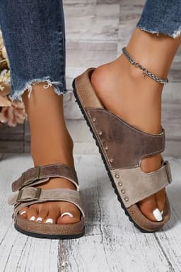 image-Coffee Leopard Two-tone Retro Buckle Slippers