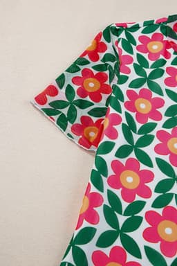 image-Fiery Red Retro Floral Print Crew Neck T Shirt