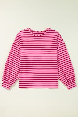 image-Pink Striped Print Crew Neck Sweatshirt - Drop Shoulder Loose Fit