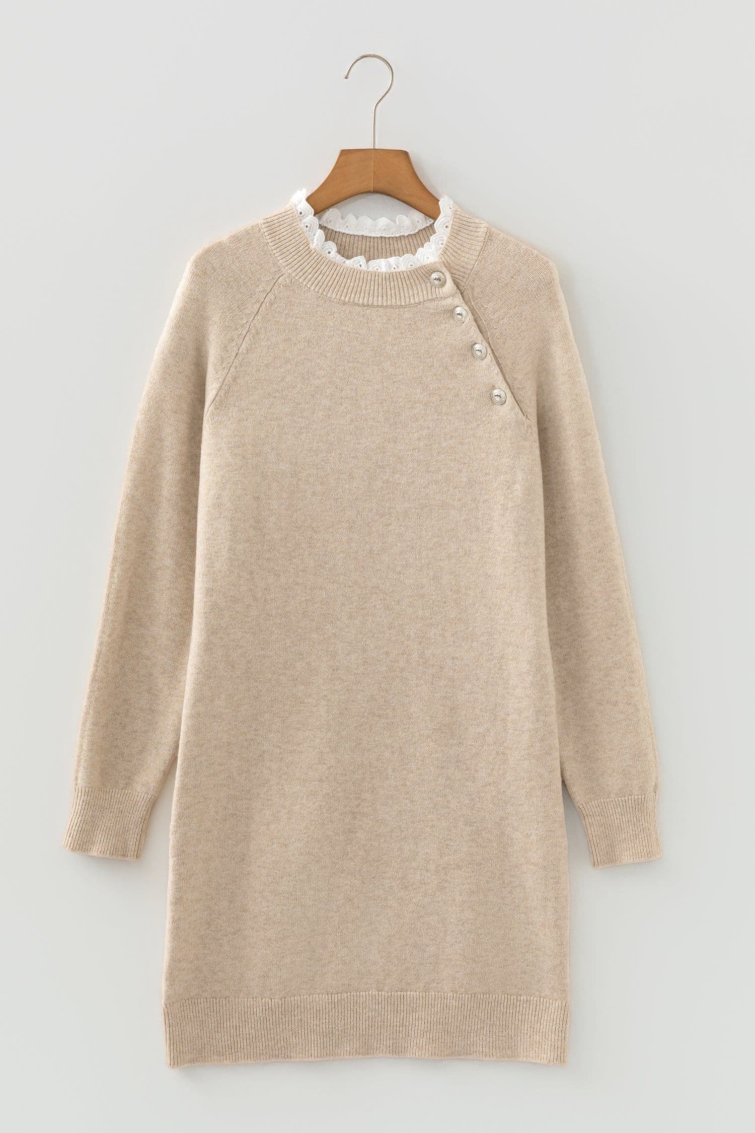 image-Parchment Button Lace Detail Raglan Sleeve Shift Mini Sweater Dress