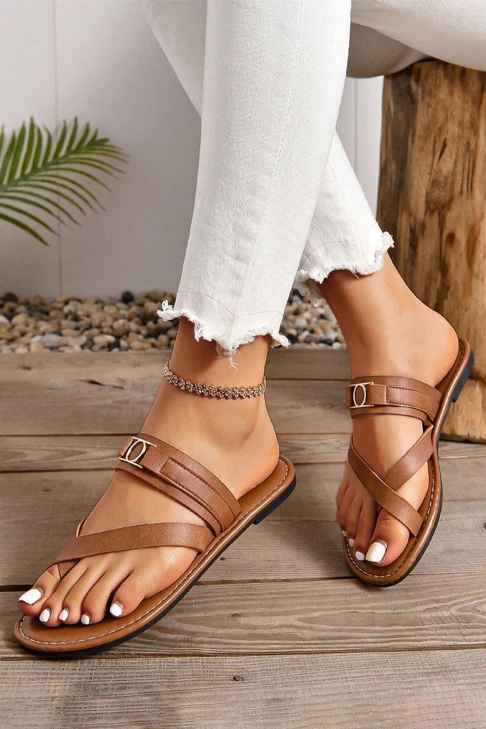 image-Chestnut Cross Toe Leather Flat Slippers with Metal Buckle