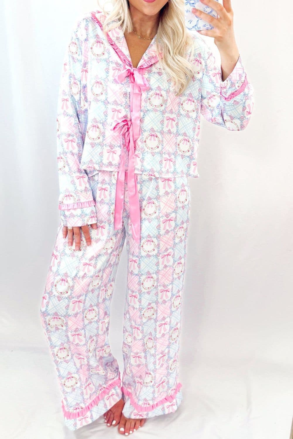 image-Pink Bow Wreath Christmas Pajama Set - Long Sleeve 2pc