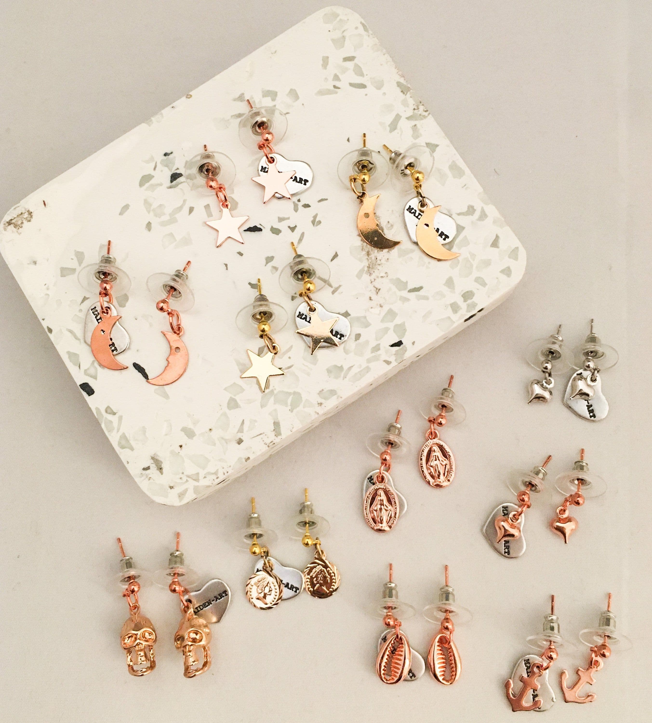 image-Charms Earrings silver, gold and rose gold in 13 Charms Style.