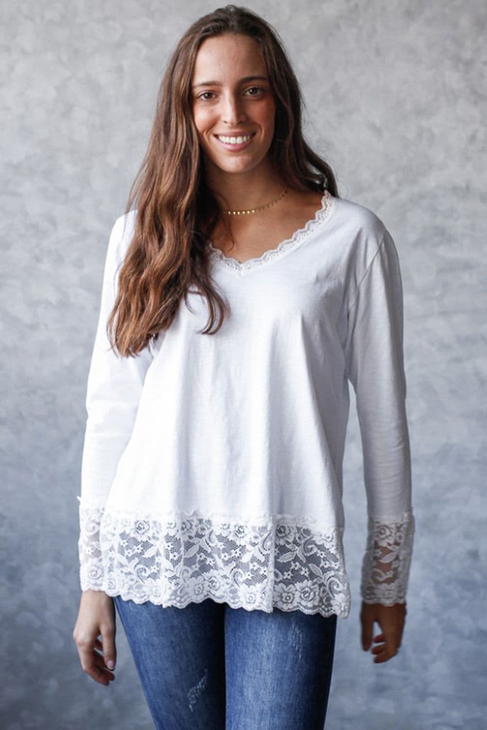 image-White Lace Trim V Neck Long Sleeve Top