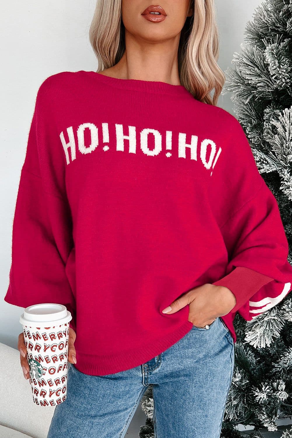 image-Blackish Green HO HO HO MERRY CHRISTMAS Drop Shoulder Loose Sweater