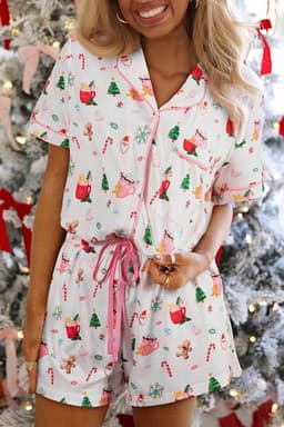 image-White Christmas Spirits Shirt Style 2pcs Short Pajama Set