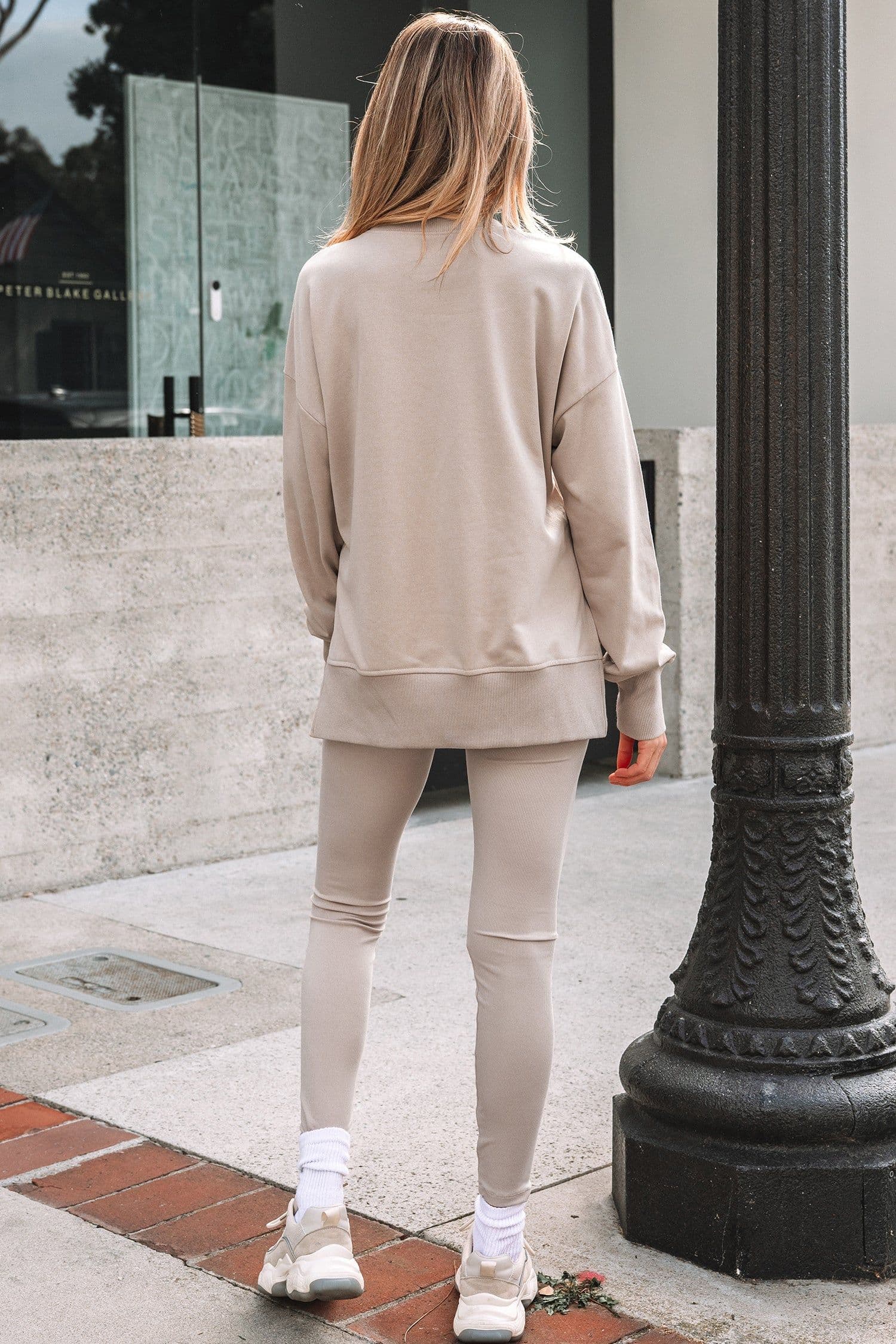 image-Black Solid Color Oversize Slit Sweatshirt Ribbed Leggings 2pcs Set