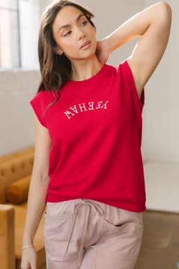 image-Fiery Red YEEHAW Embroidered Letter Loose Short Sleeve Sweater