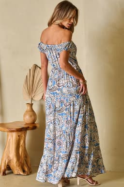 image-Blue Boho Paisley Print Off Shoulder Maxi Dress