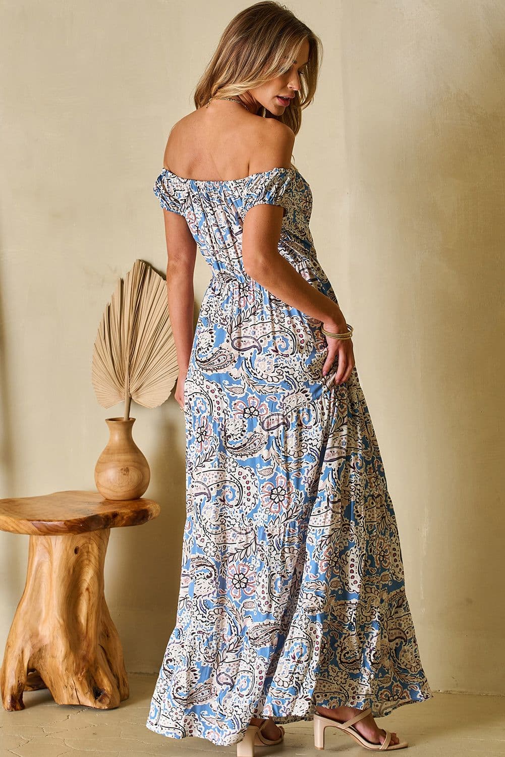 image-Blue Boho Paisley Print Off Shoulder Maxi Dress