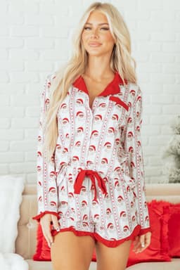 image-White Santa & Stripes Ruffle PJ Set