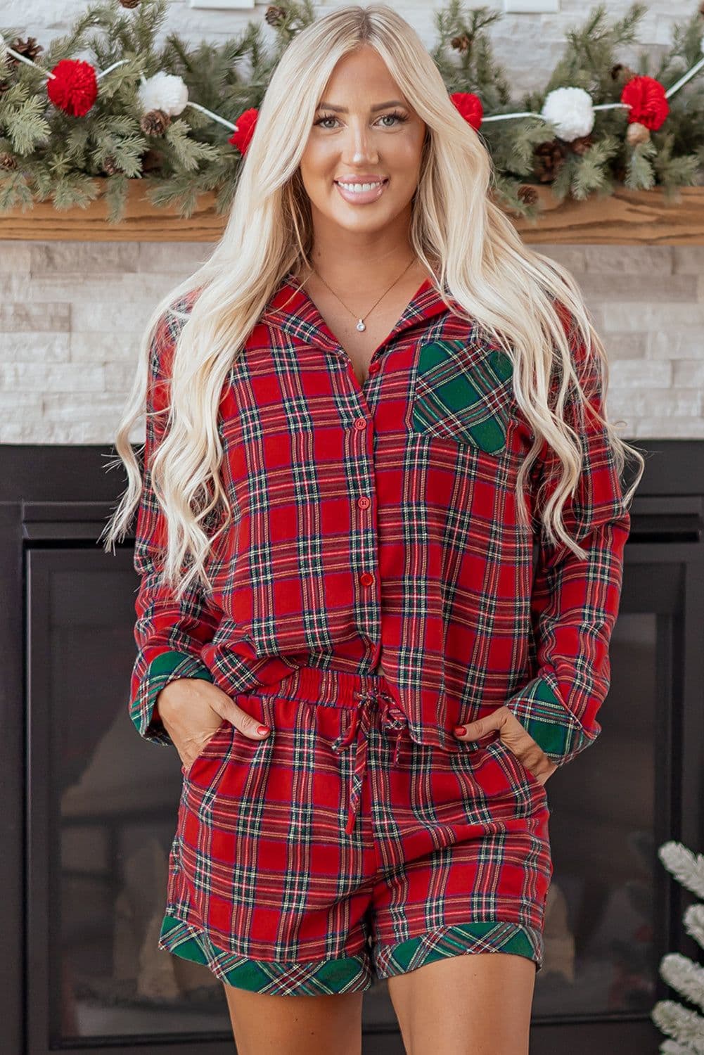 image-Green Plaid Contrast Patched Christmas Holiday Long Sleeve Shirt and Short 2pcs Pajama Set