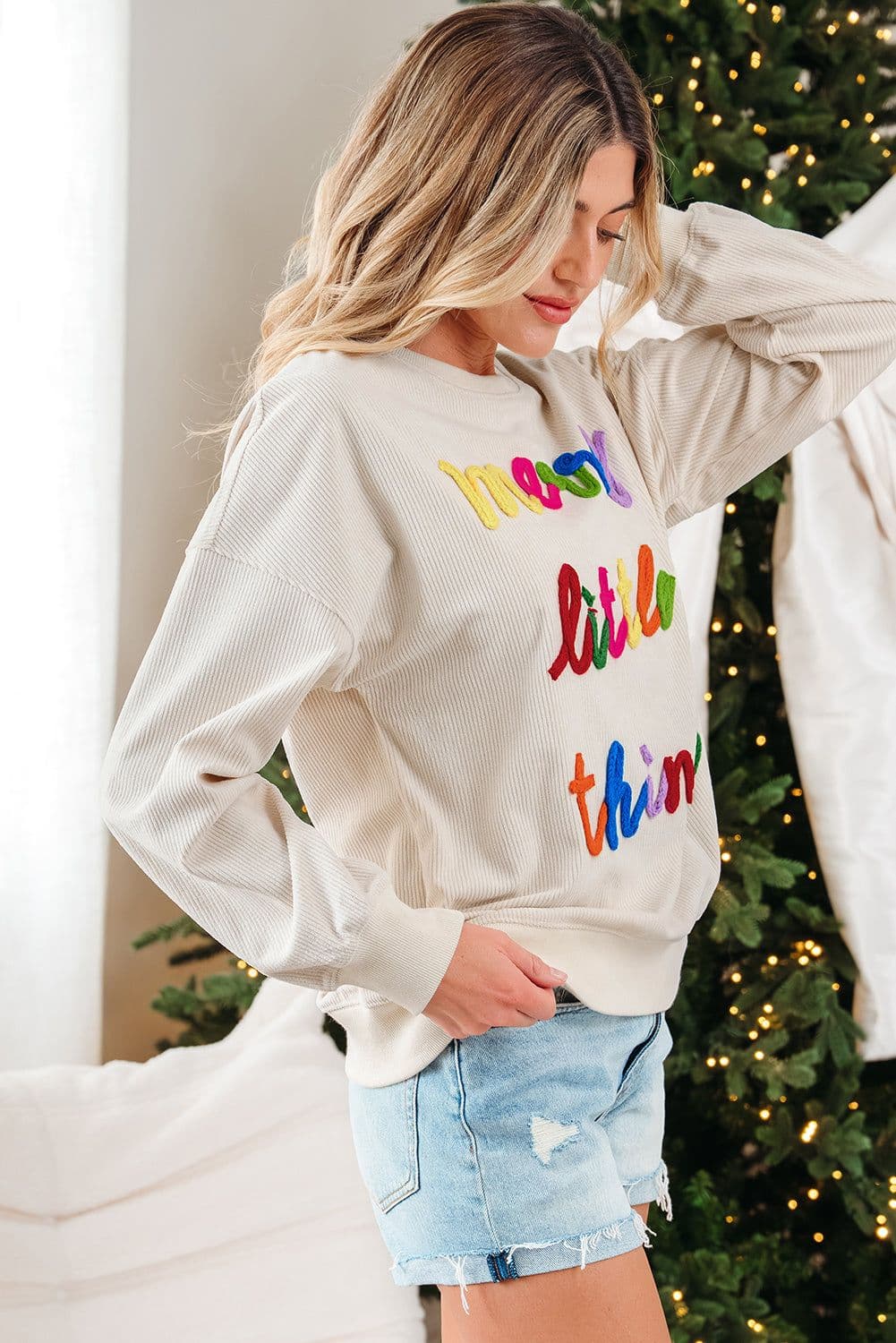 image-Dark Green Corded Letter Graphic Sweatshirt