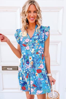 image-Sky Blue Floral Flutter Sleeve V Neck Ruffled Dress