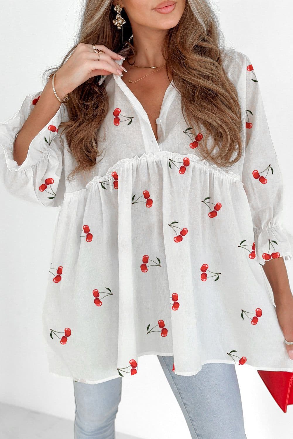 image-White Cherry Print Flounce Sleeve Babydoll Blouse