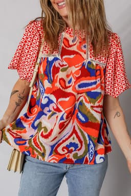 image-Red Paisley Geometric Patchwork Puff Sleeve Blouse