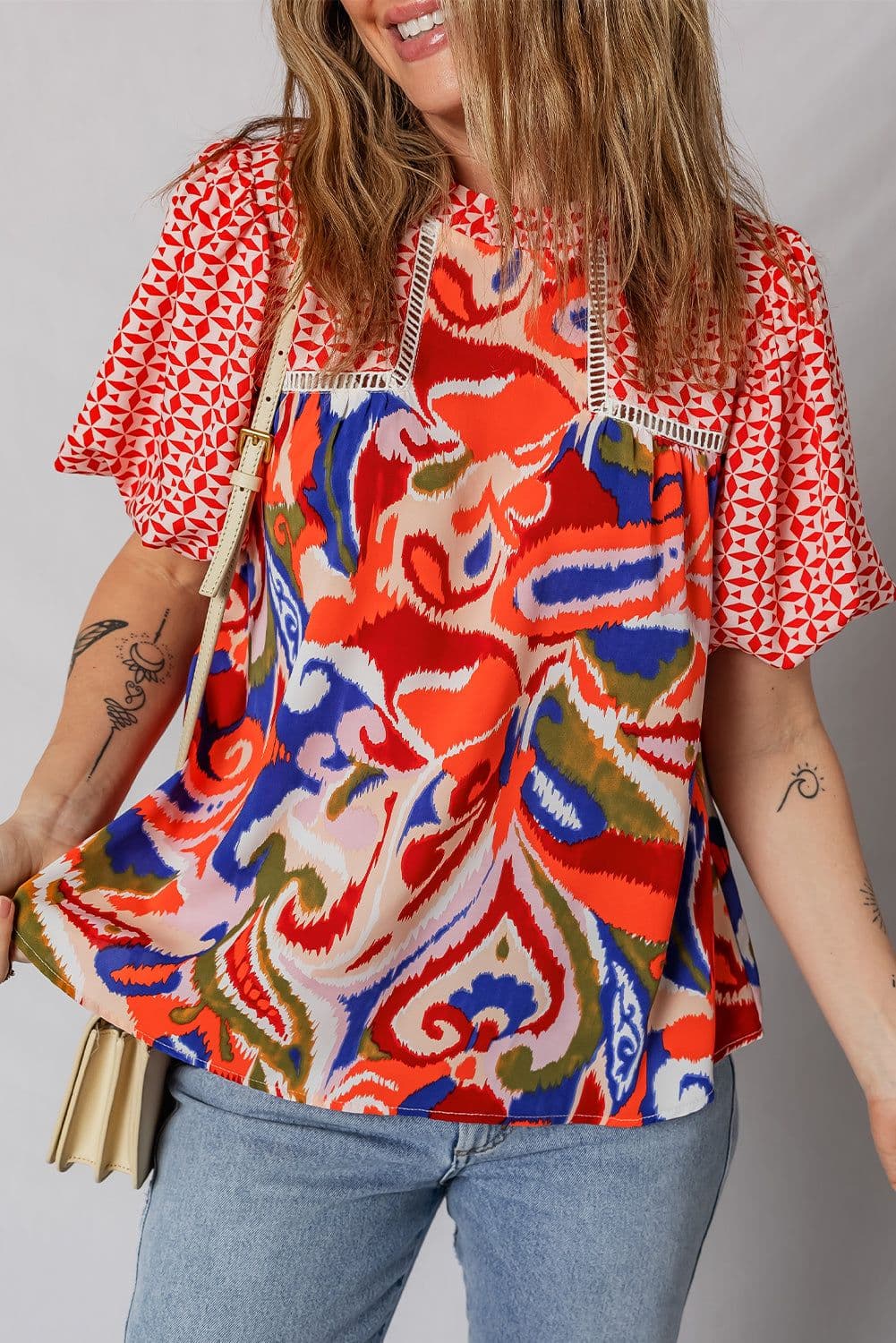 image-Red Paisley Geometric Patchwork Puff Sleeve Blouse