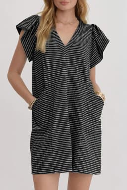 image-Black Stripe Textured Knit V Neck Flutter Sleeve Shift Mini Dress
