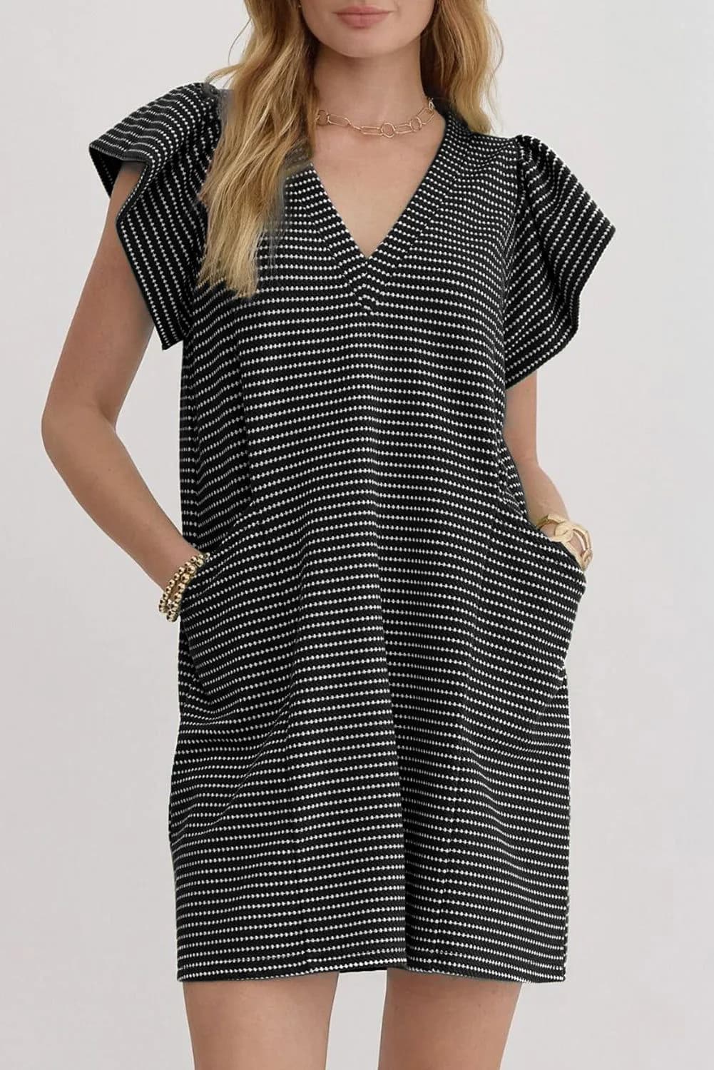 image-Black Stripe Textured Knit V Neck Flutter Sleeve Shift Mini Dress