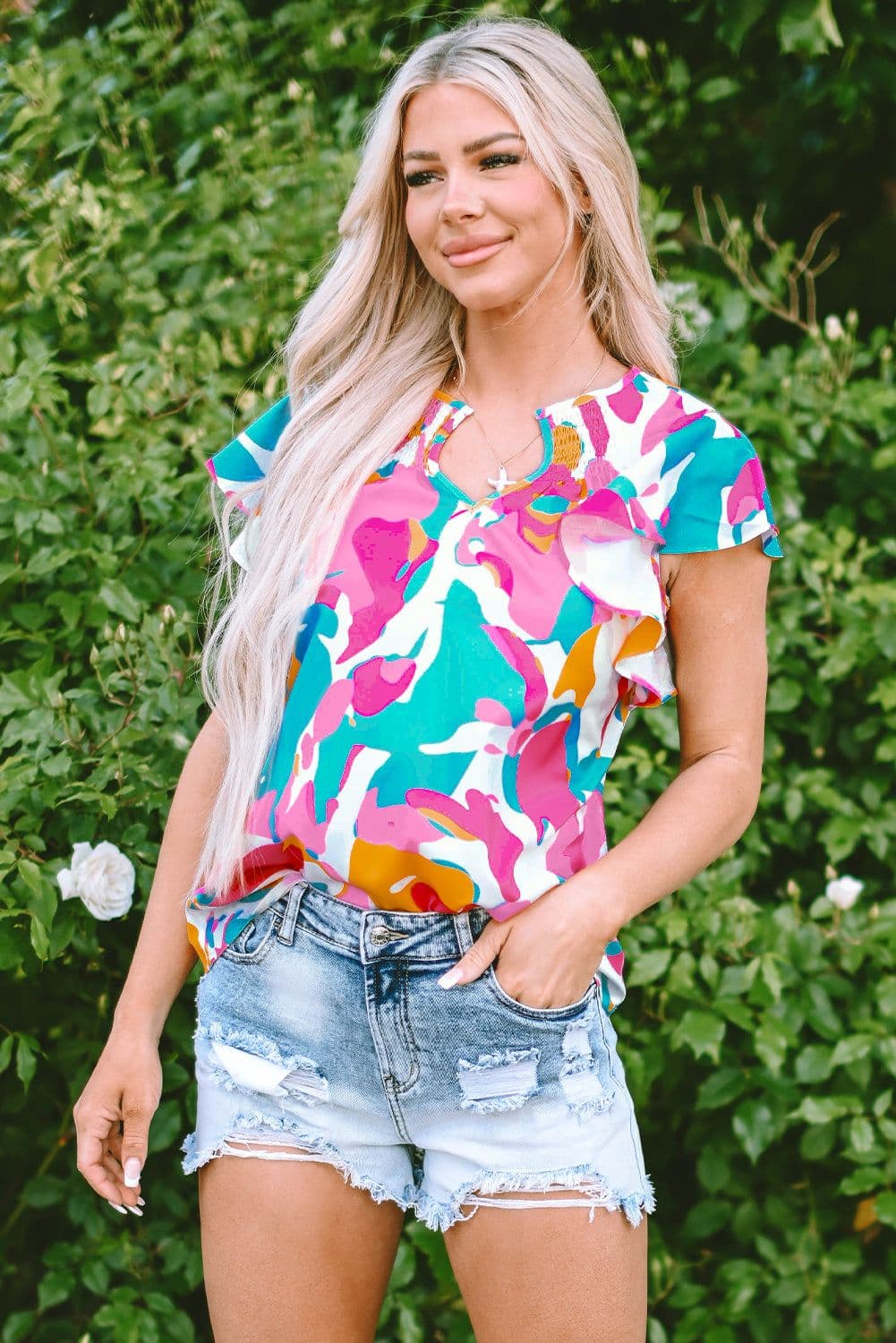 image-Abstract Print Notched Neck Flutter Sleeve Blouse - Multicolour