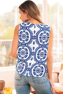 image-Blue Vintage Print Pintuck Crew Neck Tank Top