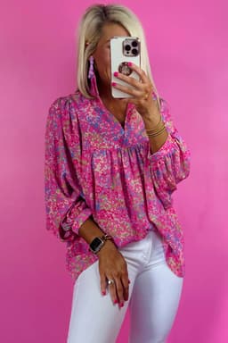 image-Bonbon Abstract Print Collared V Neck Babydoll Blouse