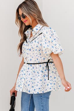 image-White Contrast Trim Floral Puff Short Sleeve Shirt