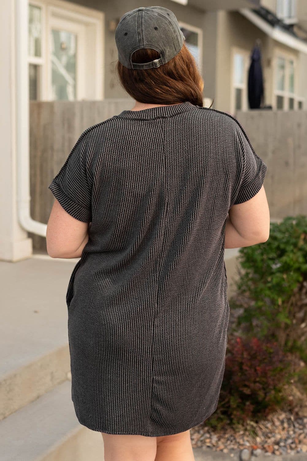 image-Carbon Grey Corded V Neck Plus Size T Shirt Dress