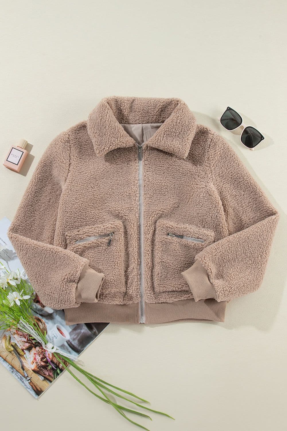 image-French Fuzzy Zipper Winter Jacket, Beige, Pocketed, Winter Wear (65 characters)