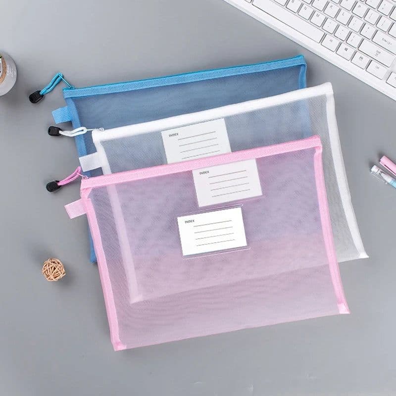 image-Transparent Waterproof Mesh Zipper Pouch Document Bag A4 Size File Folders for School Office Supplies Pencil Case Storage Bags